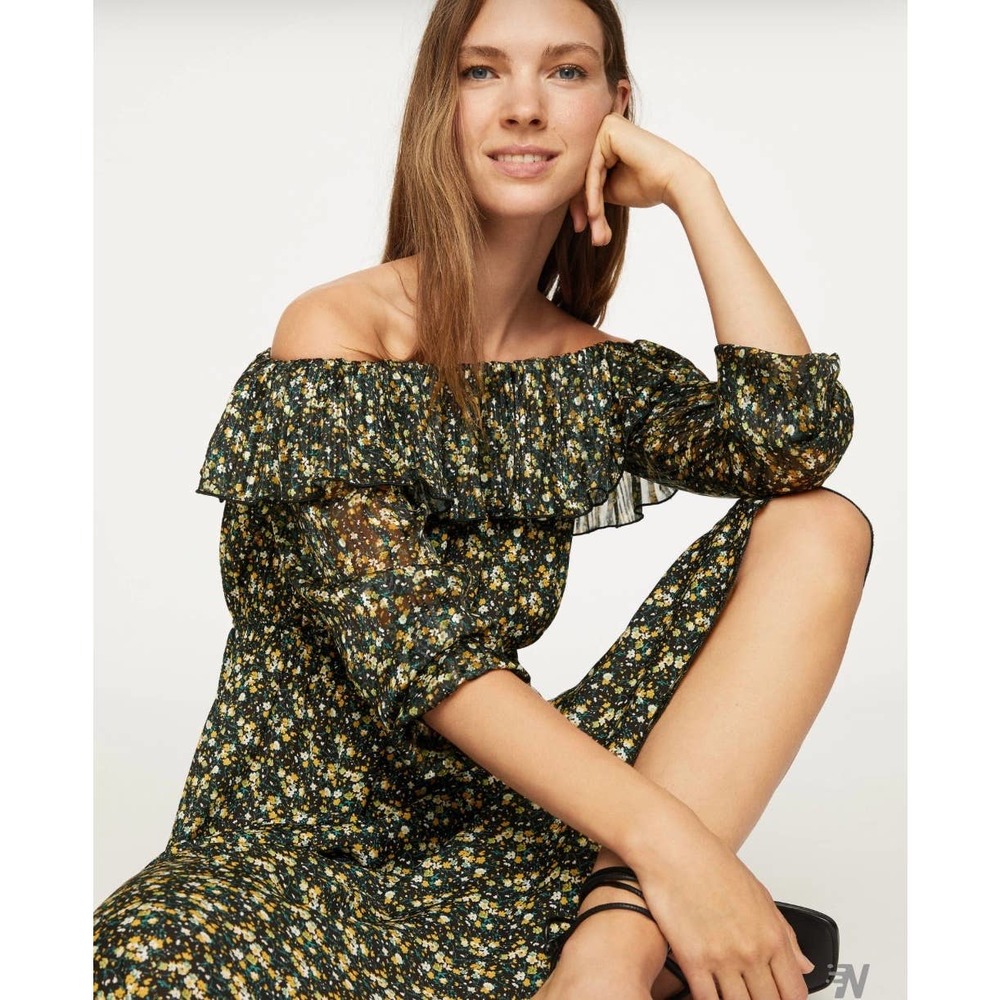 NWT OYSHO Off-The -Shoulder Ditsy Floral Midi Dress Sz Small